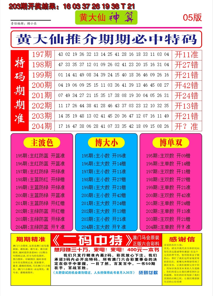 新澳彩204期:黄大仙神算D