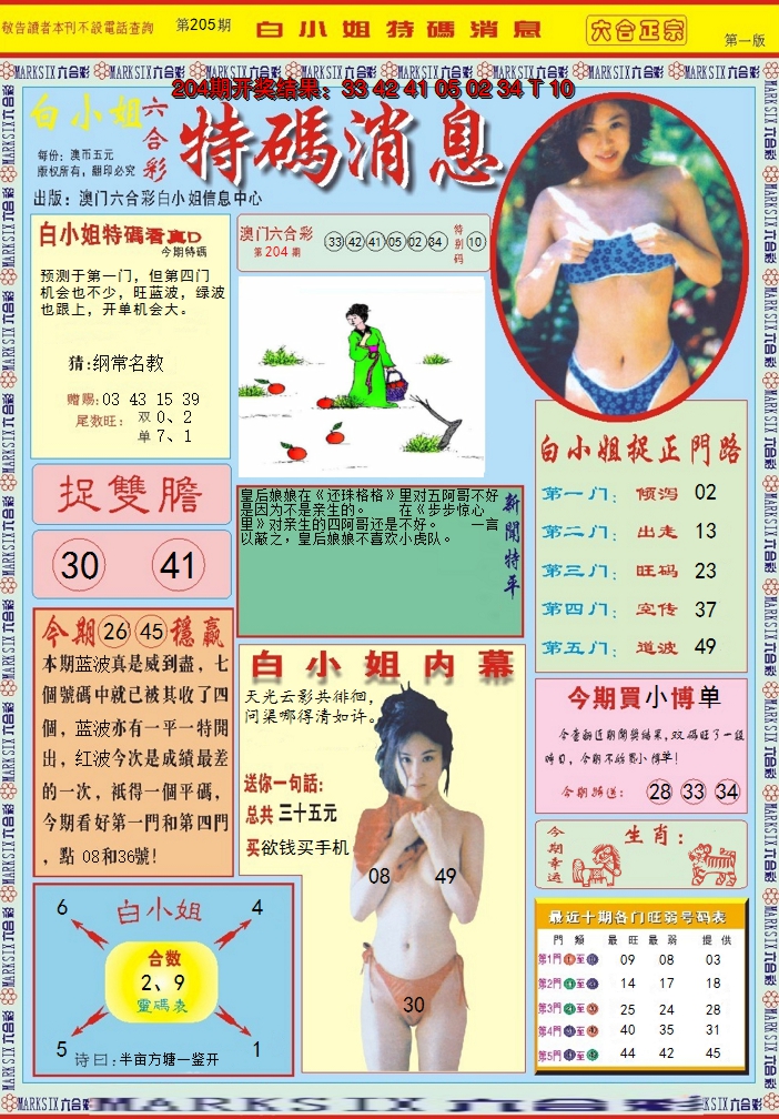 新澳彩205期:白小姐特码消息A