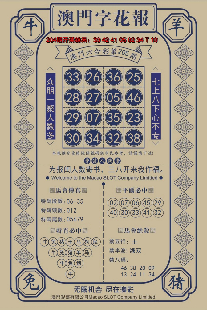 新澳彩205期:澳门字花报