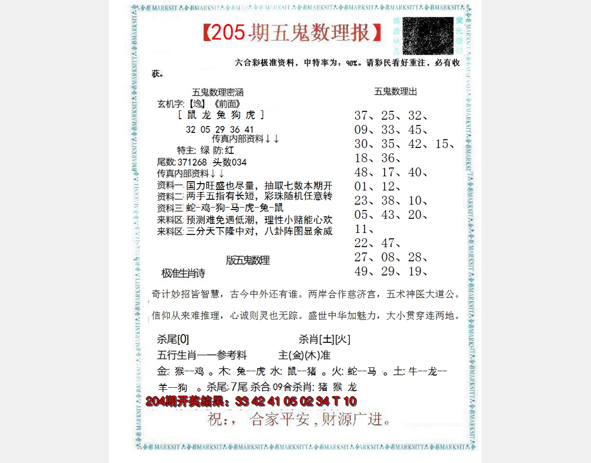 新澳彩205期:五鬼数理报