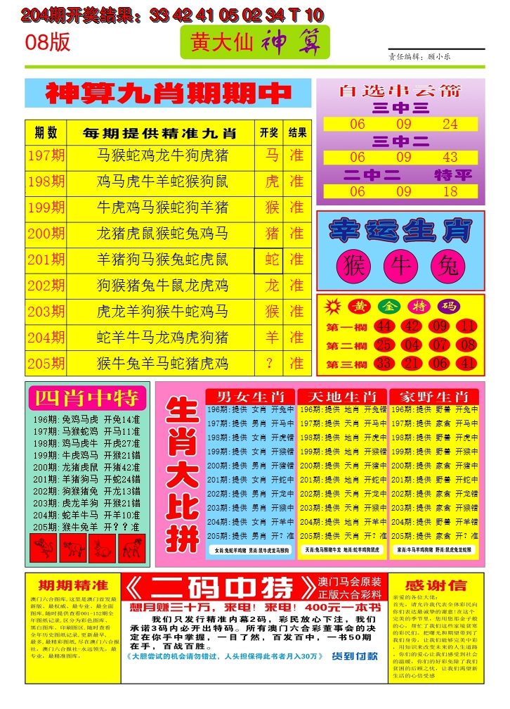 新澳彩205期:黄大仙神算B