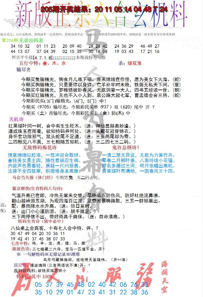 新澳彩206期:正宗六合玄机料