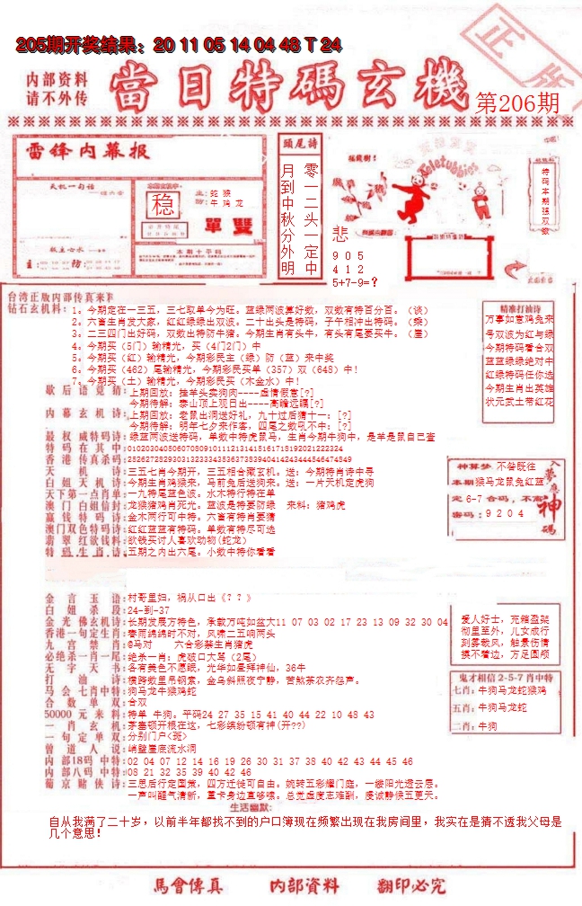 新澳彩206期:当日特码玄机-1