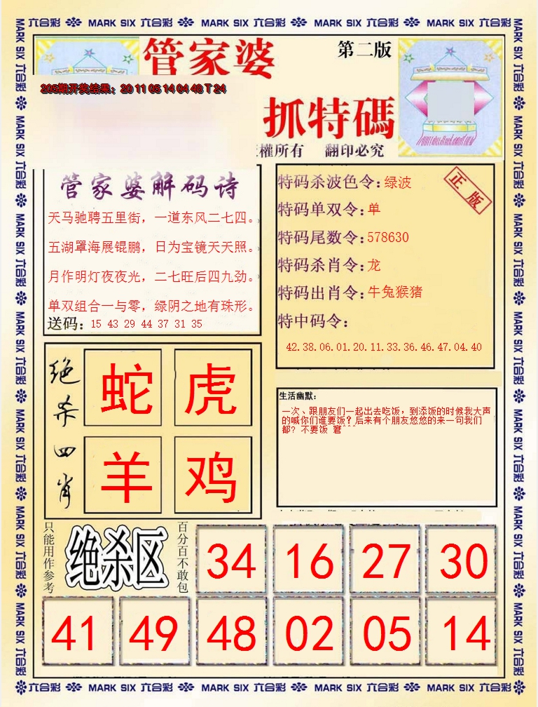 新澳彩206期:管家婆抓特码B