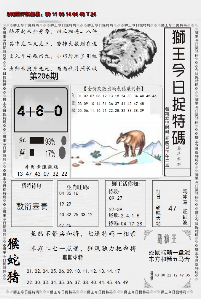 新澳彩206期:狮王今日抓特码