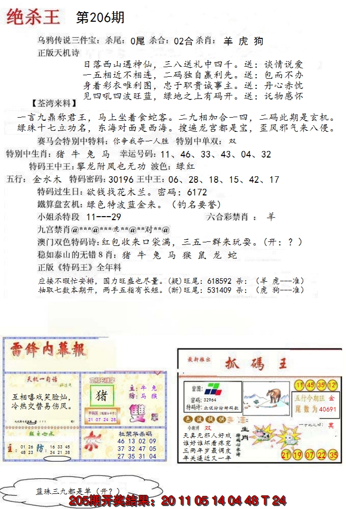 新澳彩206期:蓝天报(绝杀王)