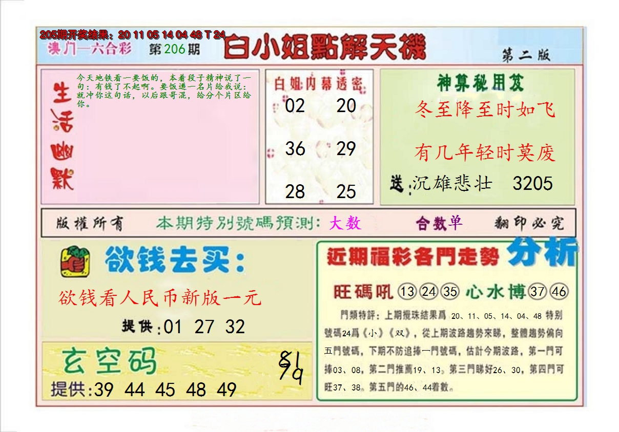 新澳彩206期:白小姐点解天机B