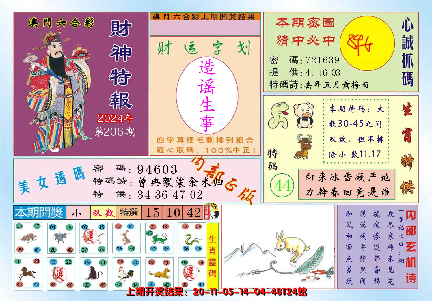 新澳彩206期:财神特报