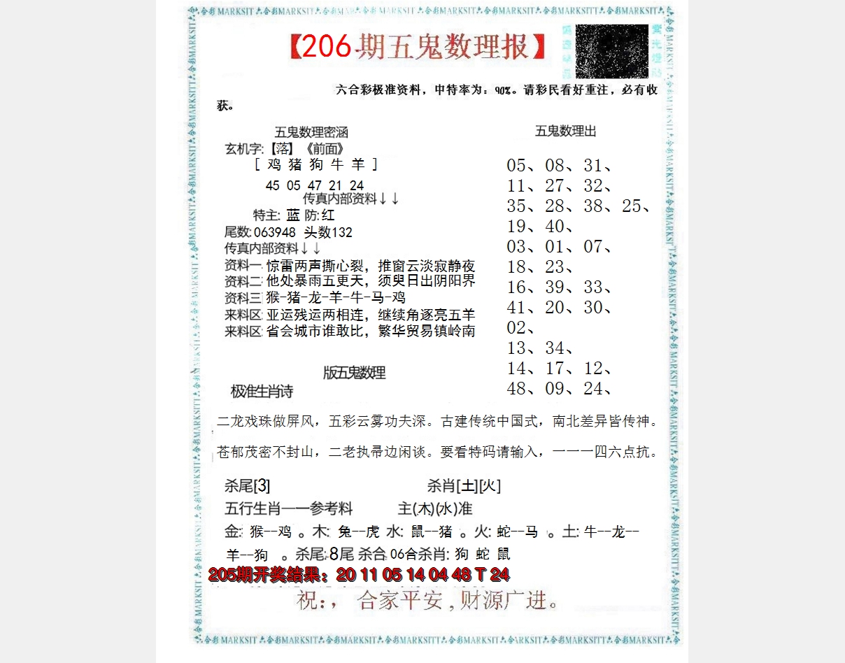 新澳彩206期:五鬼数理报