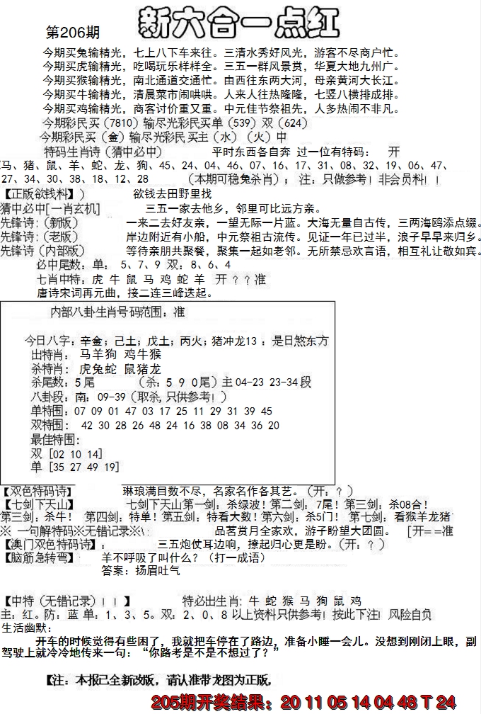 新澳彩206期:六合一点红A