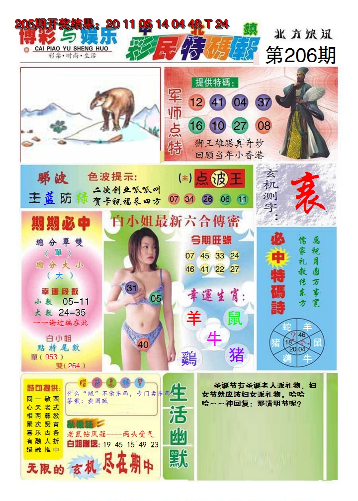 新澳彩206期:中北彩民特码报