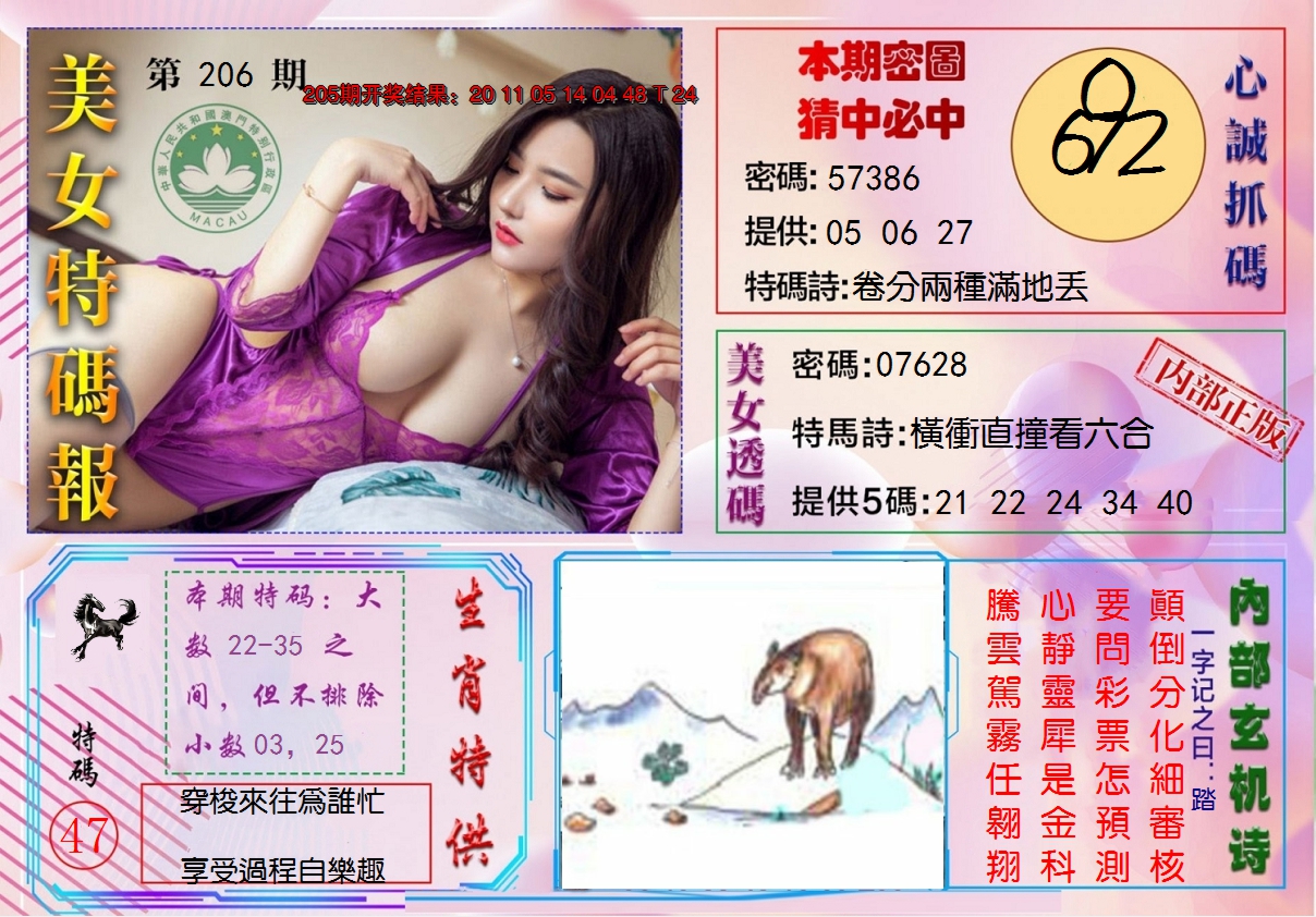 新澳彩206期:美女特码报