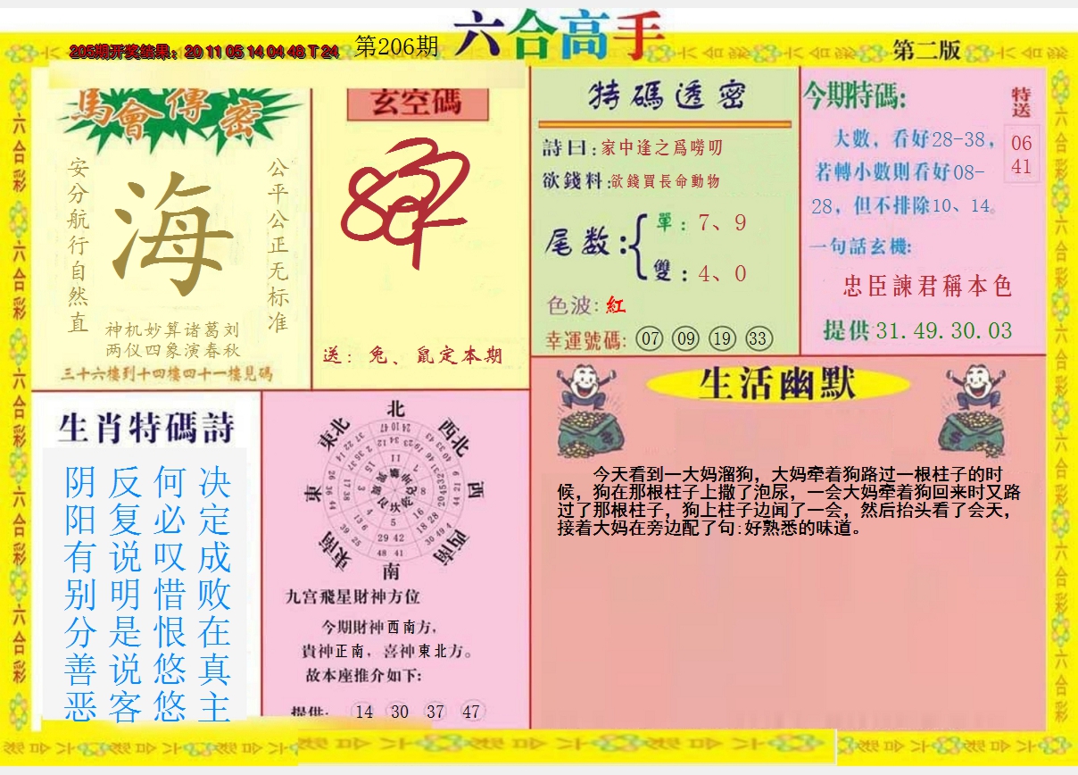 新澳彩206期:六合高手B