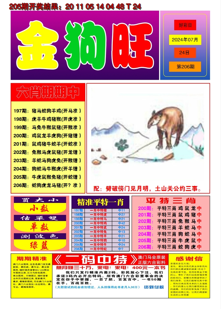 新澳彩206期:澳门金狗旺A