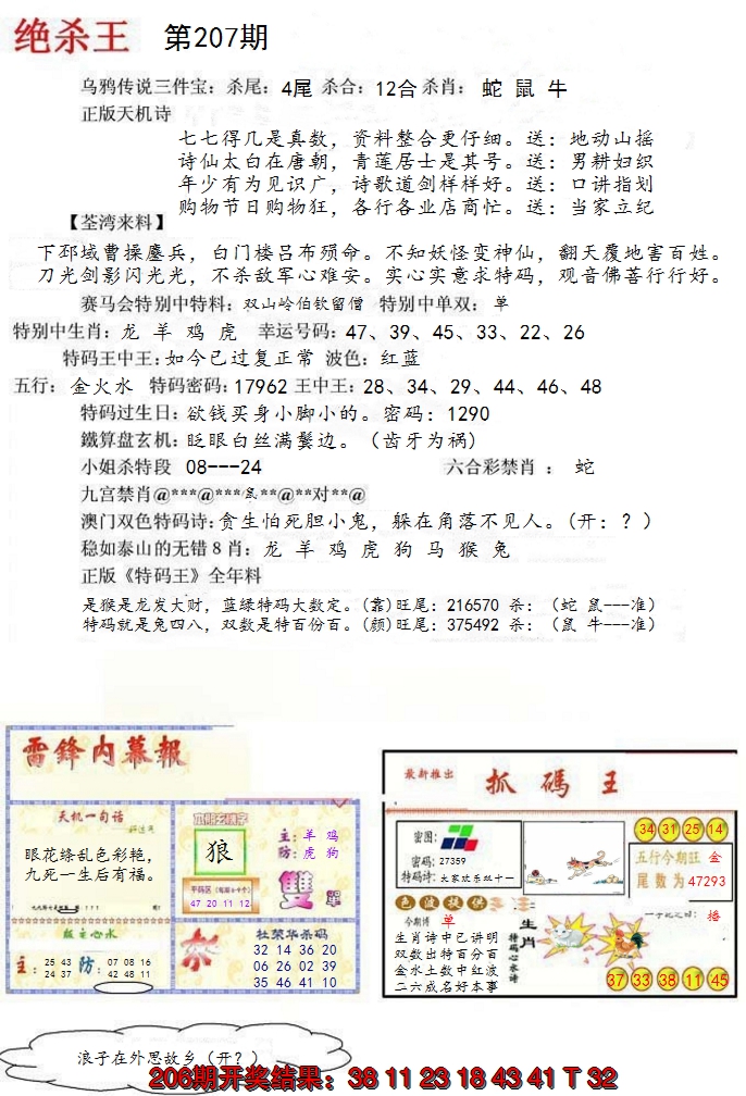 新澳彩207期:蓝天报(绝杀王)