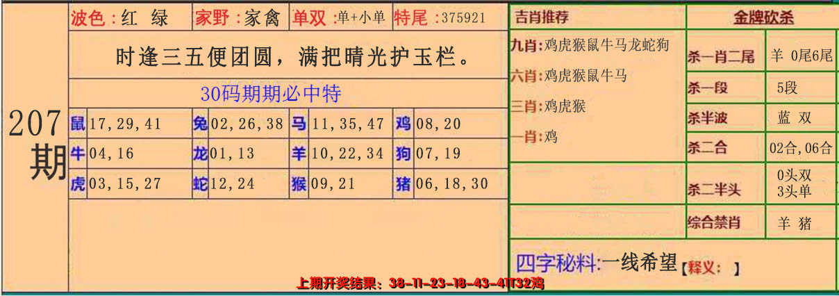 新澳彩207期:30码中特