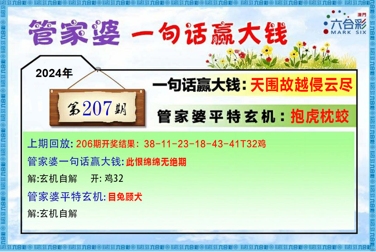 新澳彩207期:管家婆一句赢大钱