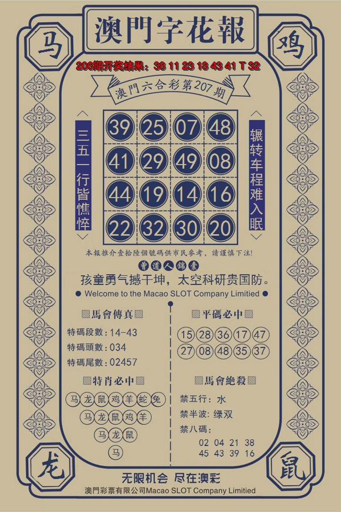 新澳彩207期:澳门字花报