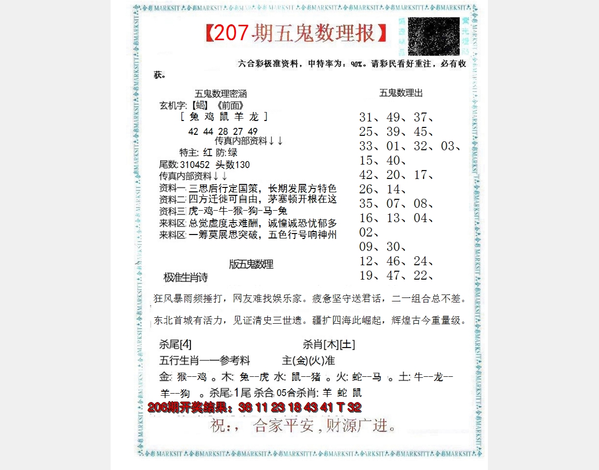 新澳彩207期:五鬼数理报