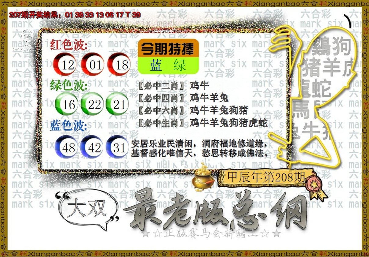 新澳彩208期:最老版总纲