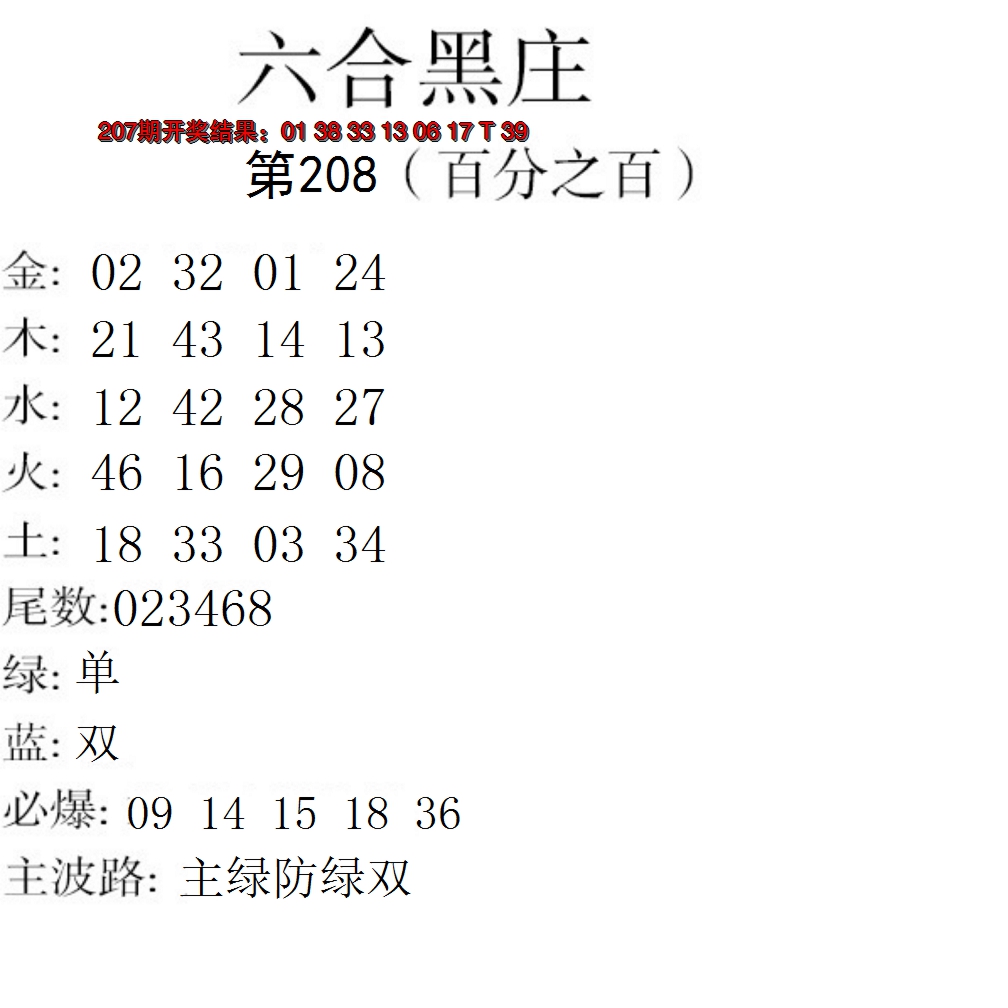 新澳彩208期:六合黑庄