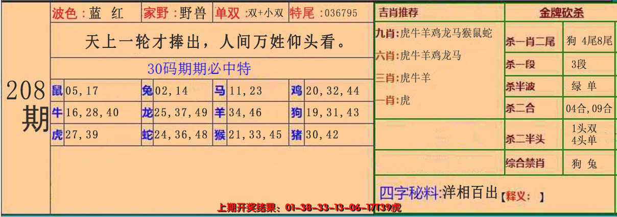 新澳彩208期:30码中特