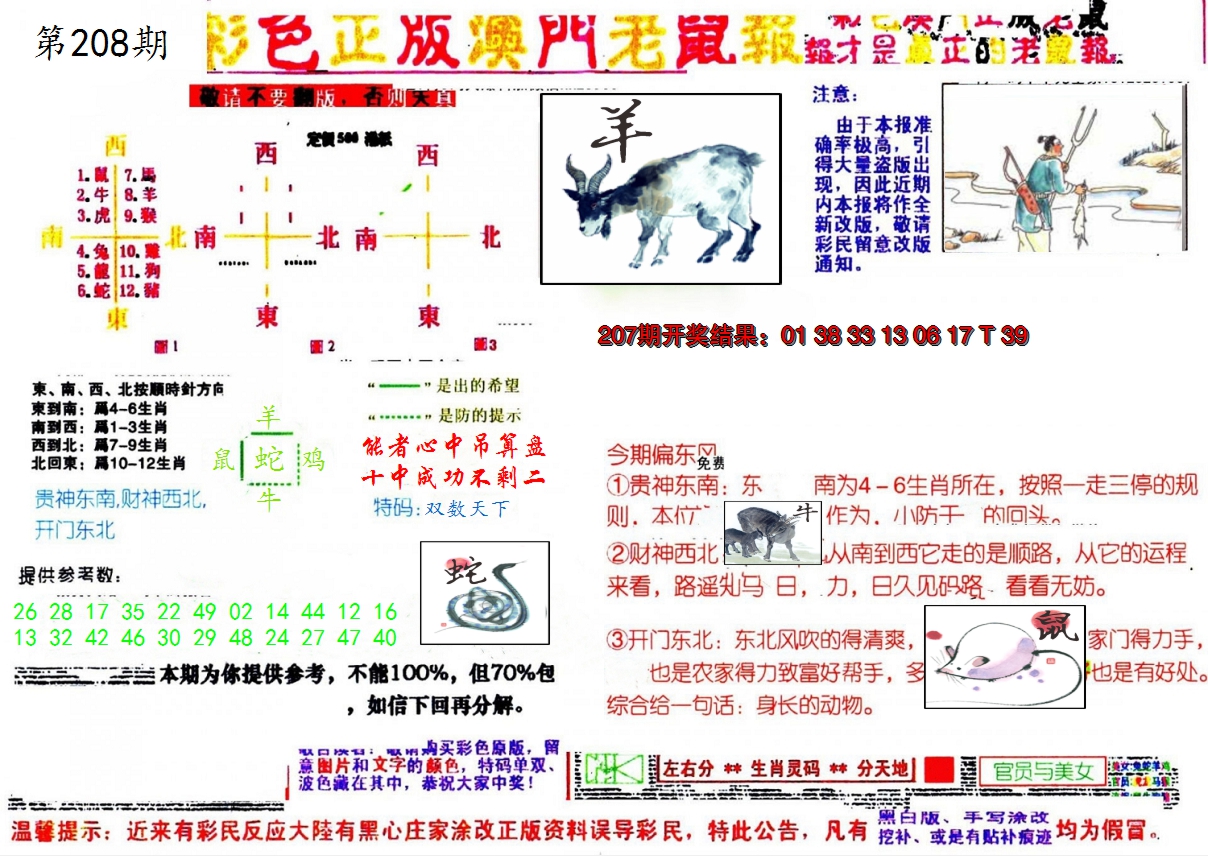 新澳彩208期:彩色正版澳门老鼠报