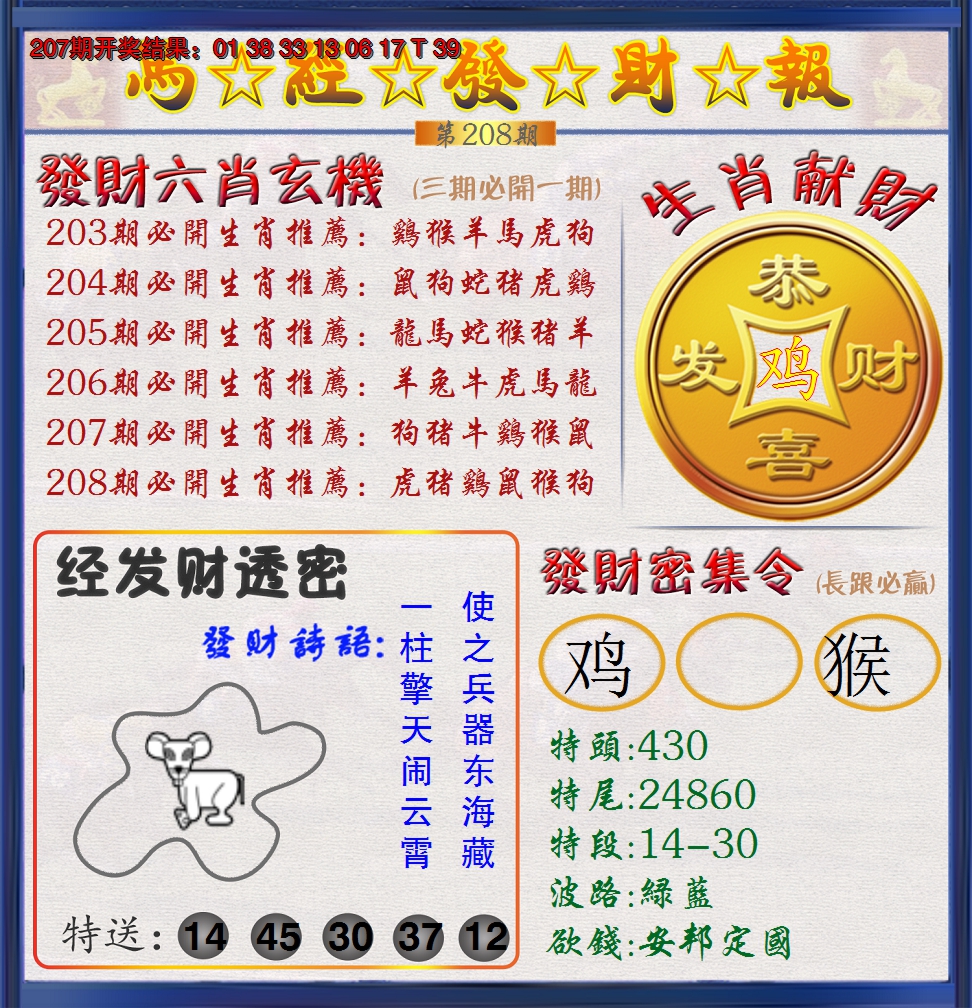 新澳彩208期:澳门发财报