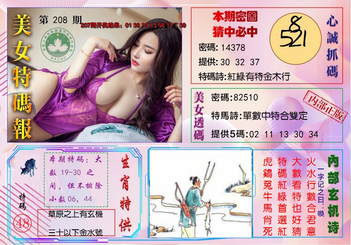 新澳彩208期:美女特码报