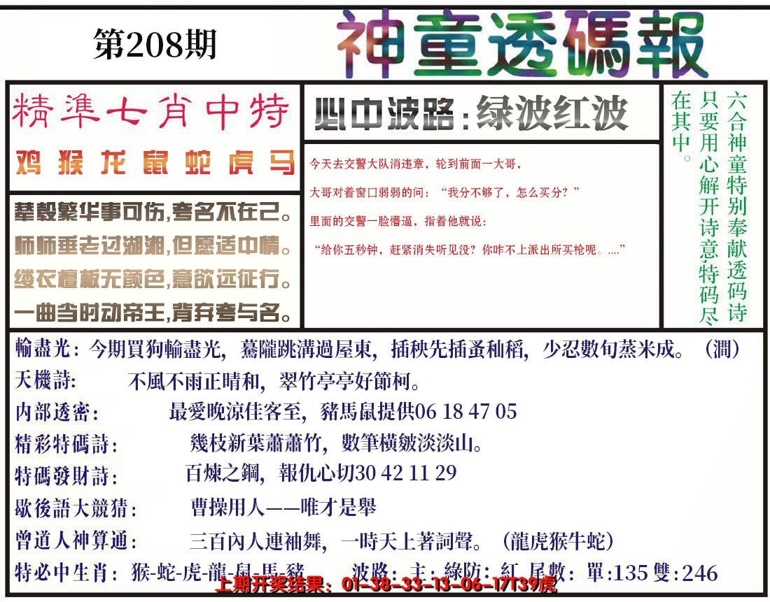 新澳彩208期:神童透码报