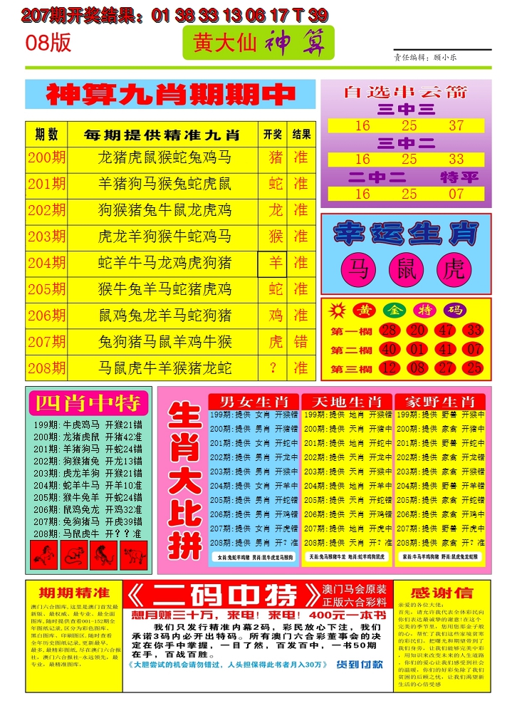 新澳彩208期:黄大仙神算B