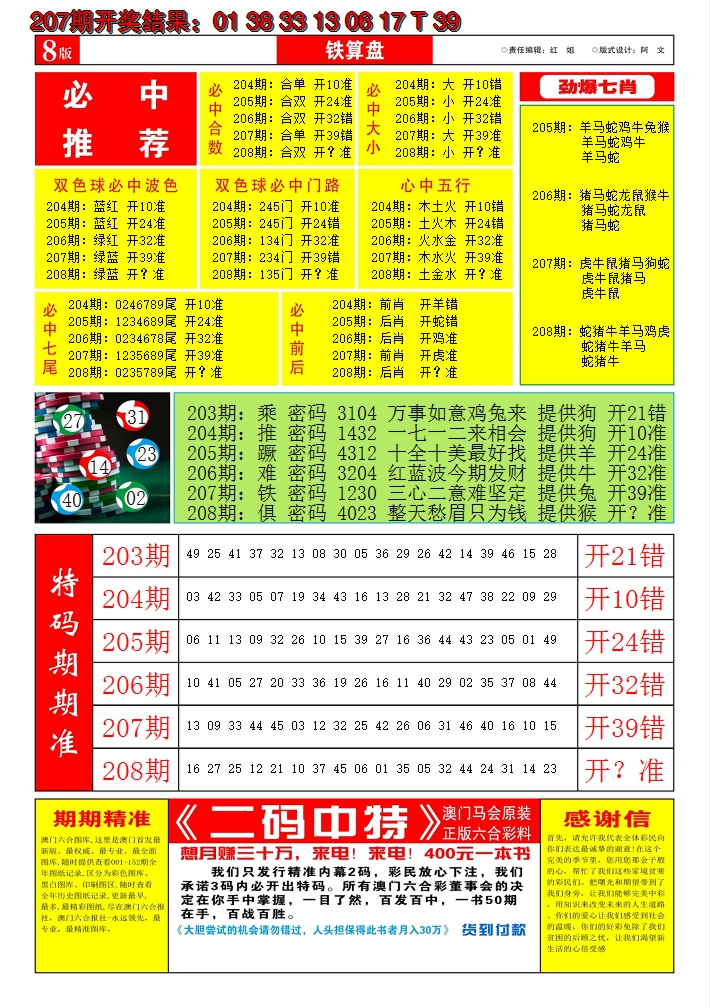 新澳彩208期:澳门铁算盘B