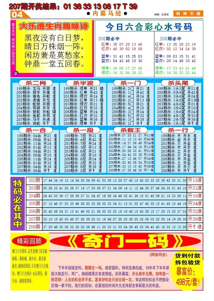 新澳彩208期:财神引路C