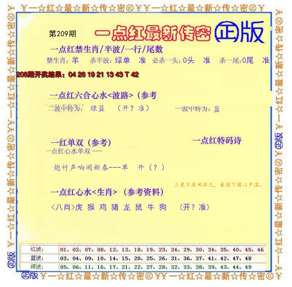 新澳彩209期:一点红最新传密