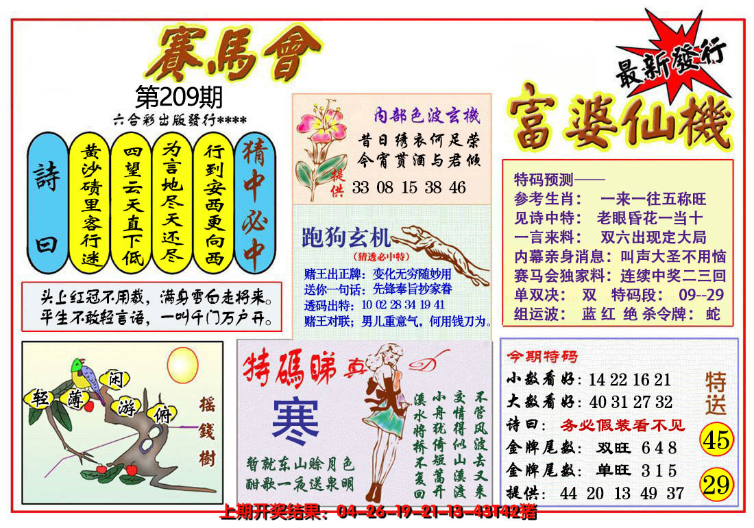 新澳彩209期:富婆六合仙机