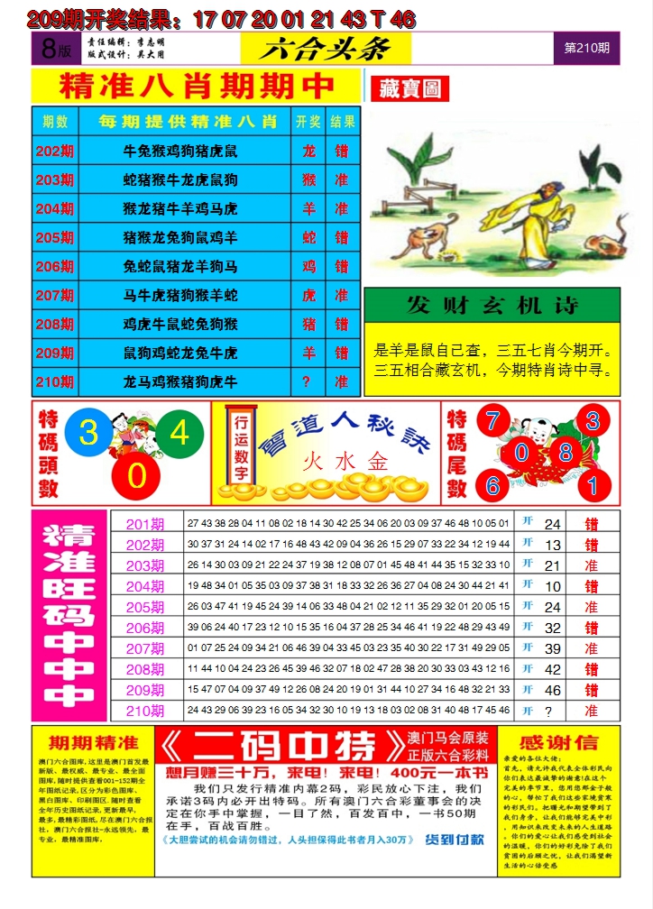 新澳彩210期:六合头条B